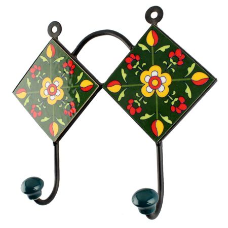 Green Floral Ceramic Tile Hook